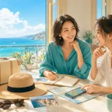 旅行鞄や地図を囲んで夏休みの計画を立てる大人の女性2人のイラスト