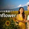 ひまわりは英語でsunflowerと紹介する夏のひまわり畑の女性たち