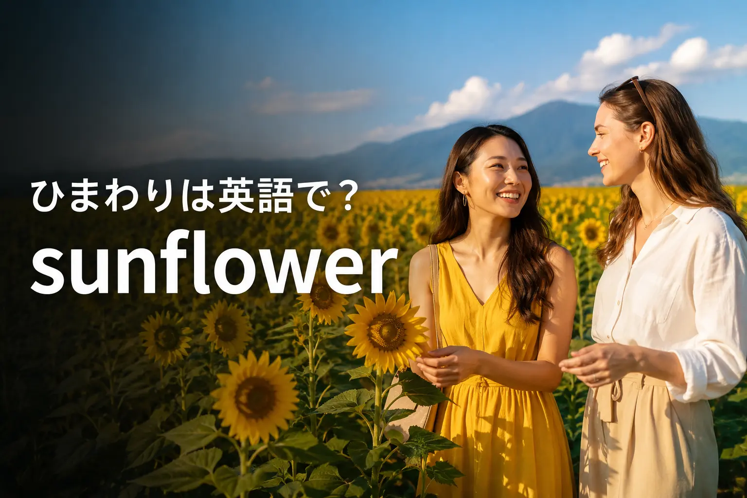 ひまわりは英語でsunflowerと紹介する夏のひまわり畑の女性たち