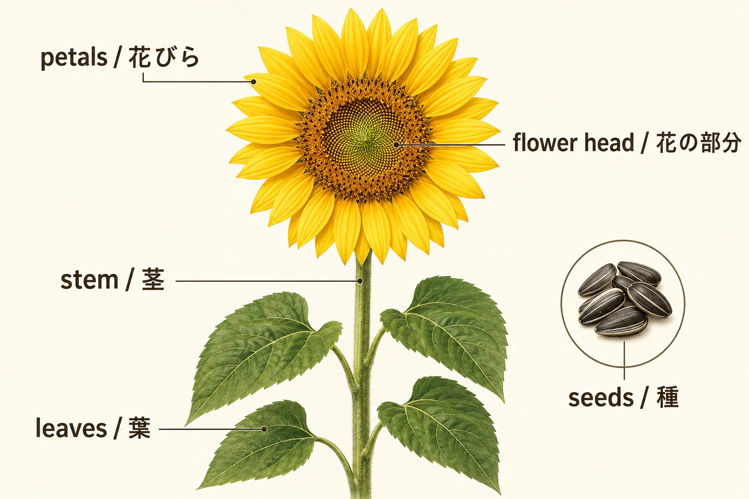 ひまわりの花びら・花の部分・茎・葉・種を英語で説明した図