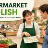 スーパーで外国人客に商品売場を英語で案内するスタッフ