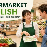スーパーで外国人客に商品売場を英語で案内するスタッフ