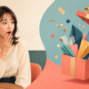 驚いている女性と、驚きを生むプレゼントボックス。surprisedとsurprisingの違いを表すイラスト