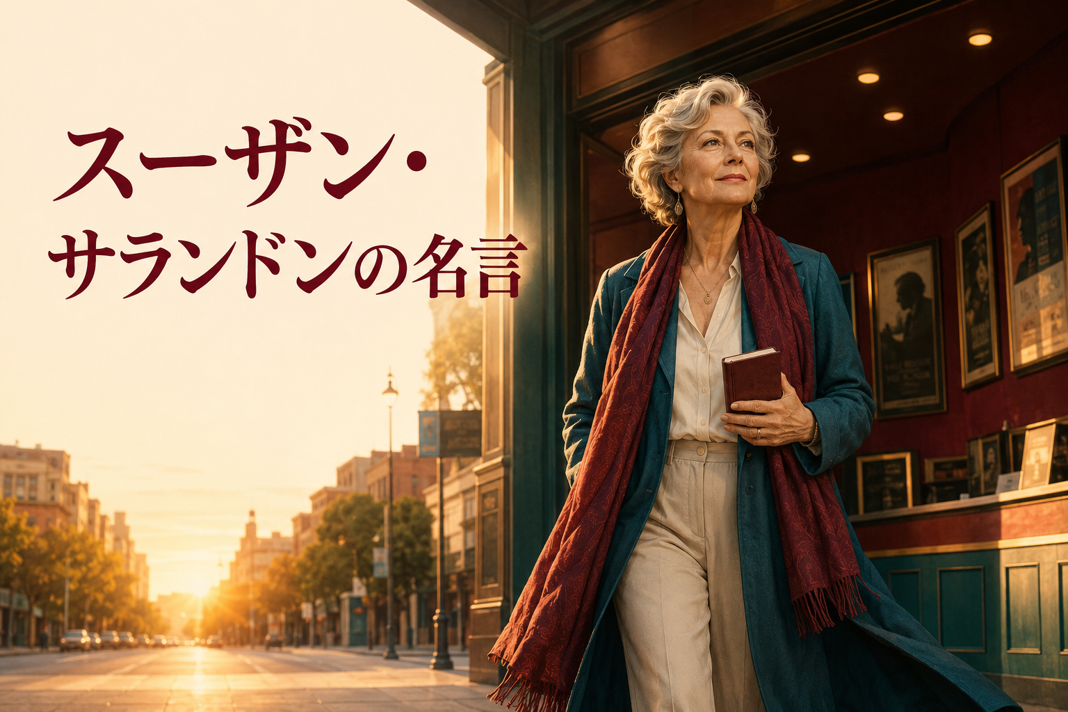 映画館を出て朝の街へ歩く架空の成熟した女性と「スーザン・サランドンの名言」の文字