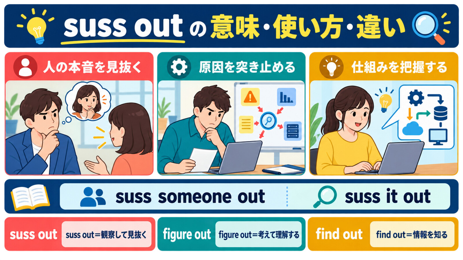 suss outの使い方とfigure out・find outとの違い