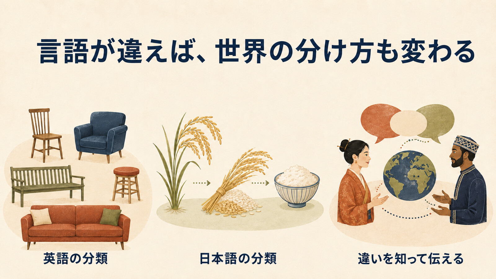 英語と日本語では世界の分類の仕方が異なることを示す図解