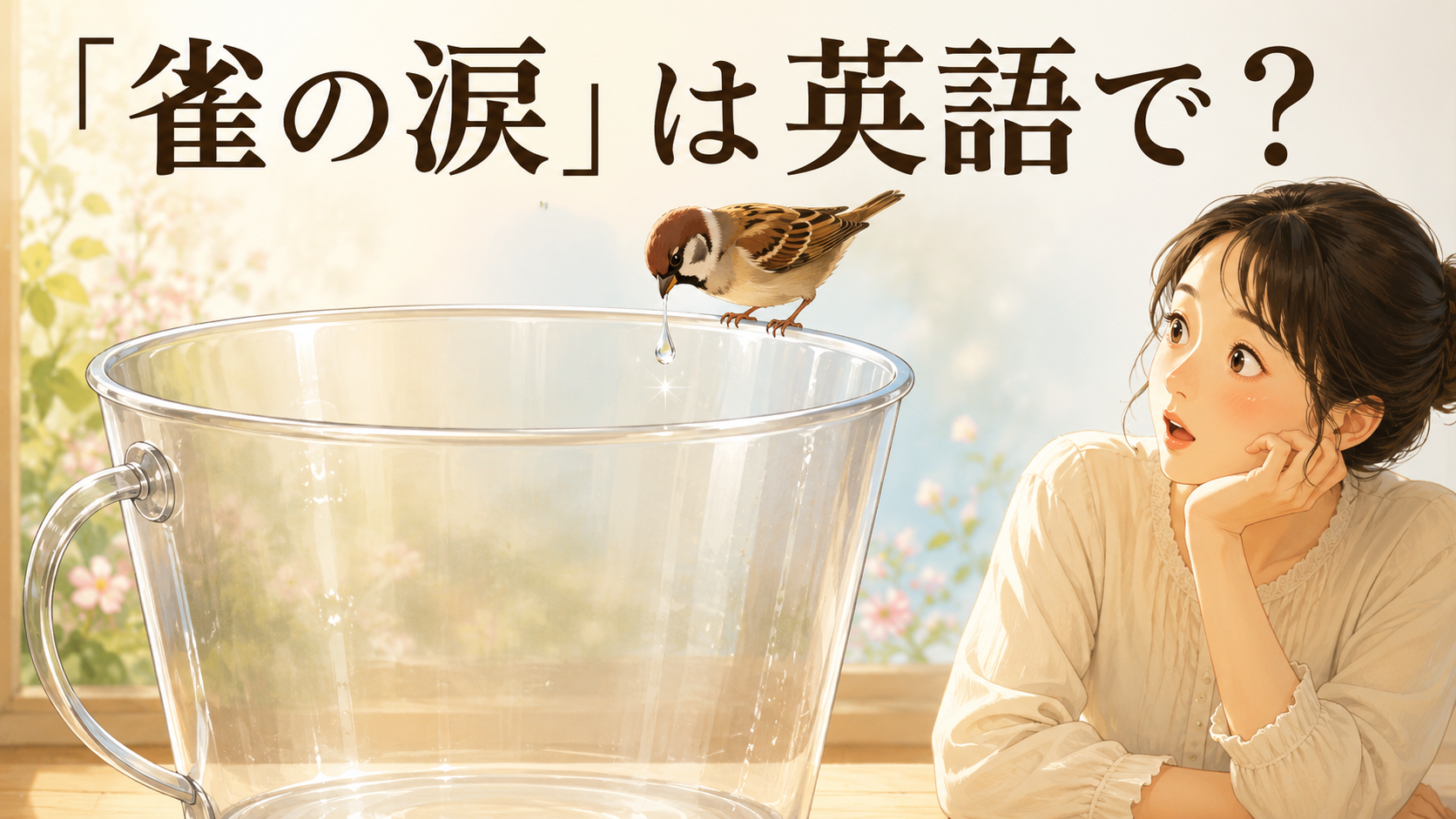 大きな容器へ雀が一滴だけ落とす「雀の涙」のイラスト