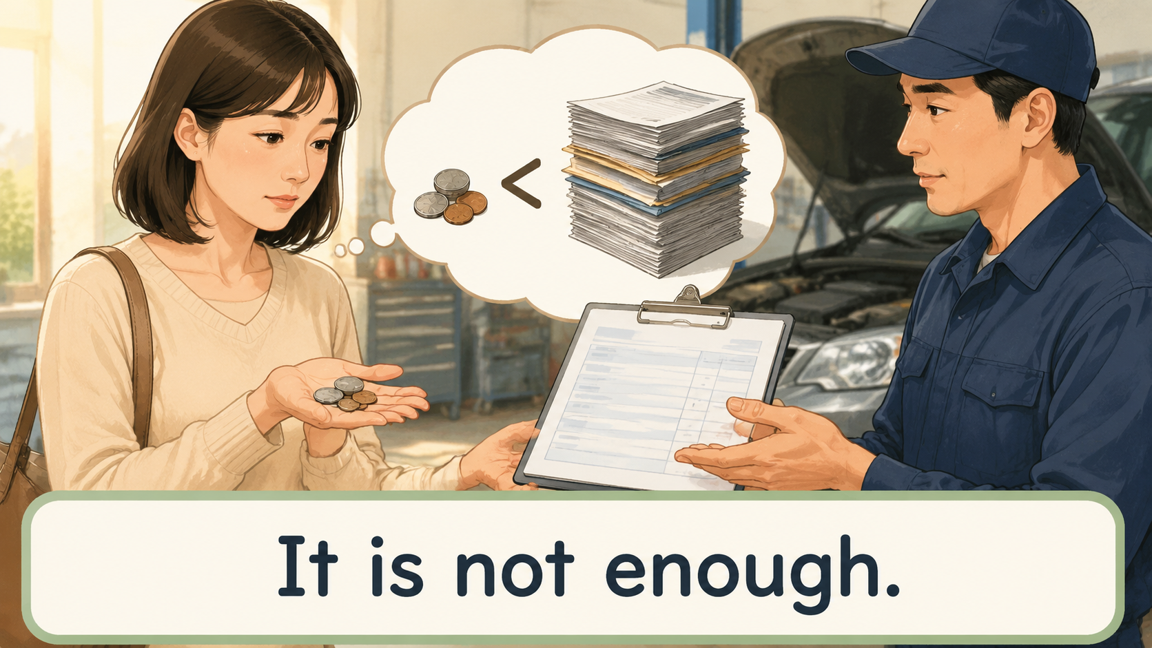 修理代に対して手元の金額が少なすぎることを簡単な英語で表したイラスト