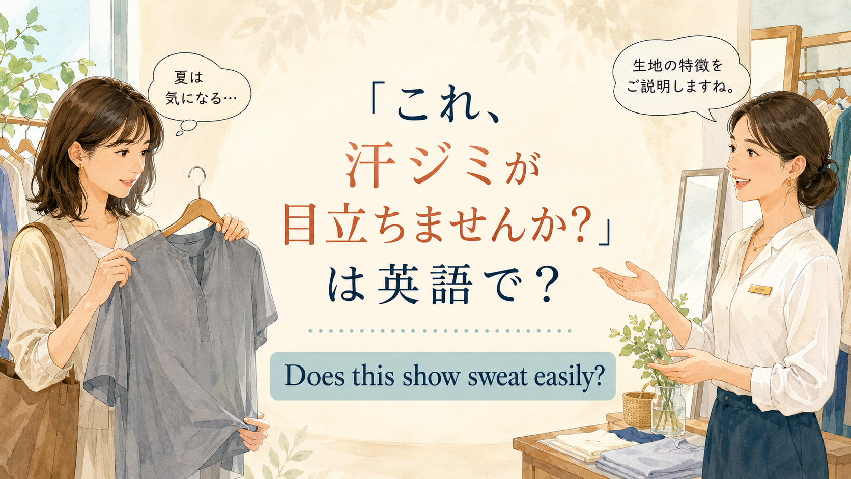 洋服店で汗ジミが目立つか英語で尋ねる女性と店員の横長イラスト