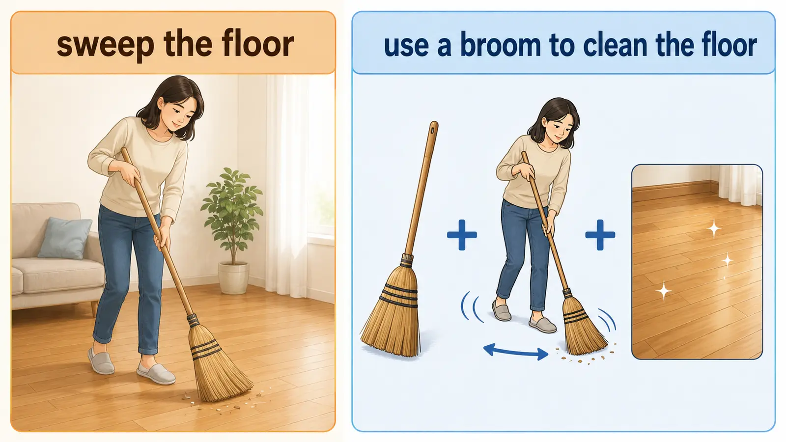 sweep the floorをuse a broom to clean the floorと言い換えるしゅみすけ式の解説イラスト
