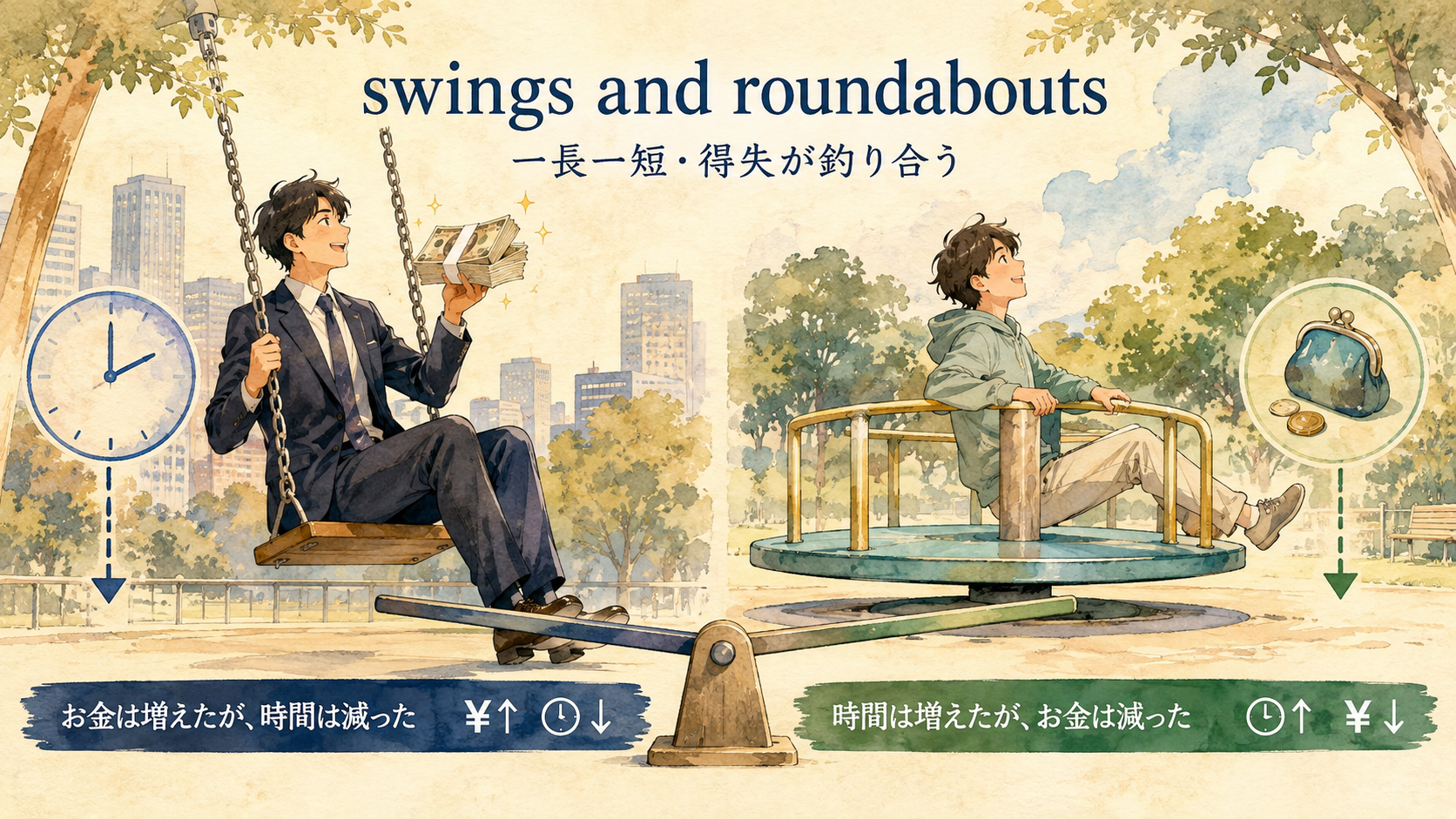 「swings and roundabouts」の意味・ニュアンス・使い分け図