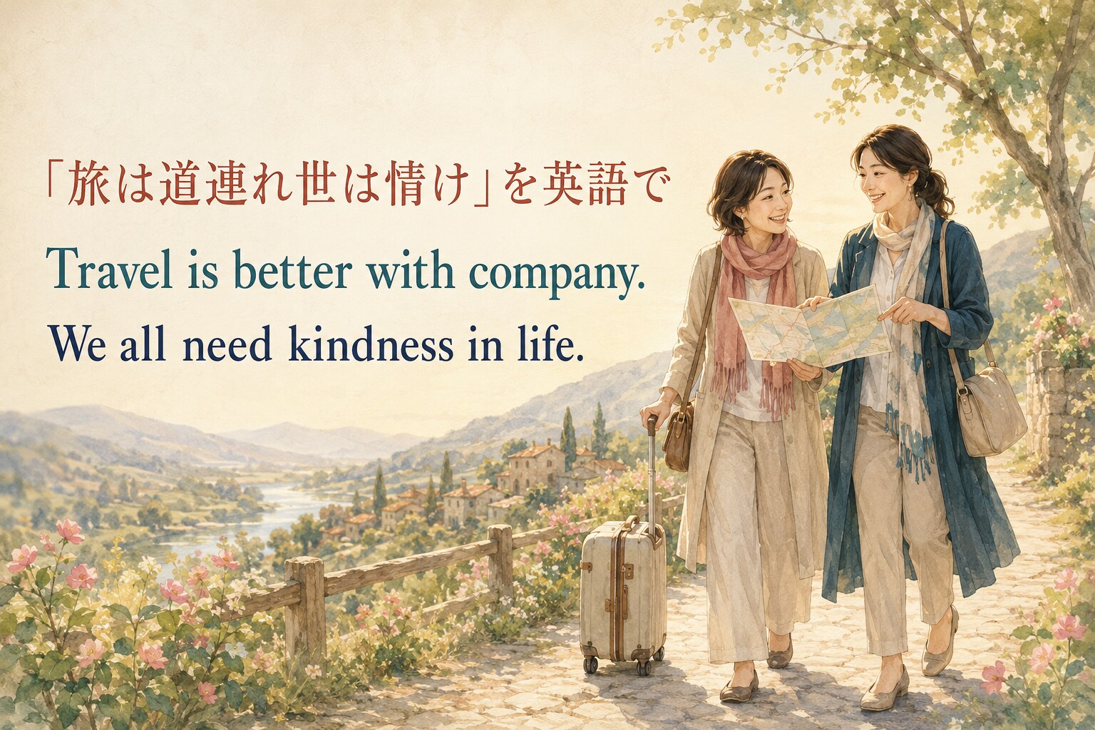 「旅は道連れ世は情け」を英語で表す Travel is better with company. と We all need kindness in life. のアイキャッチ
