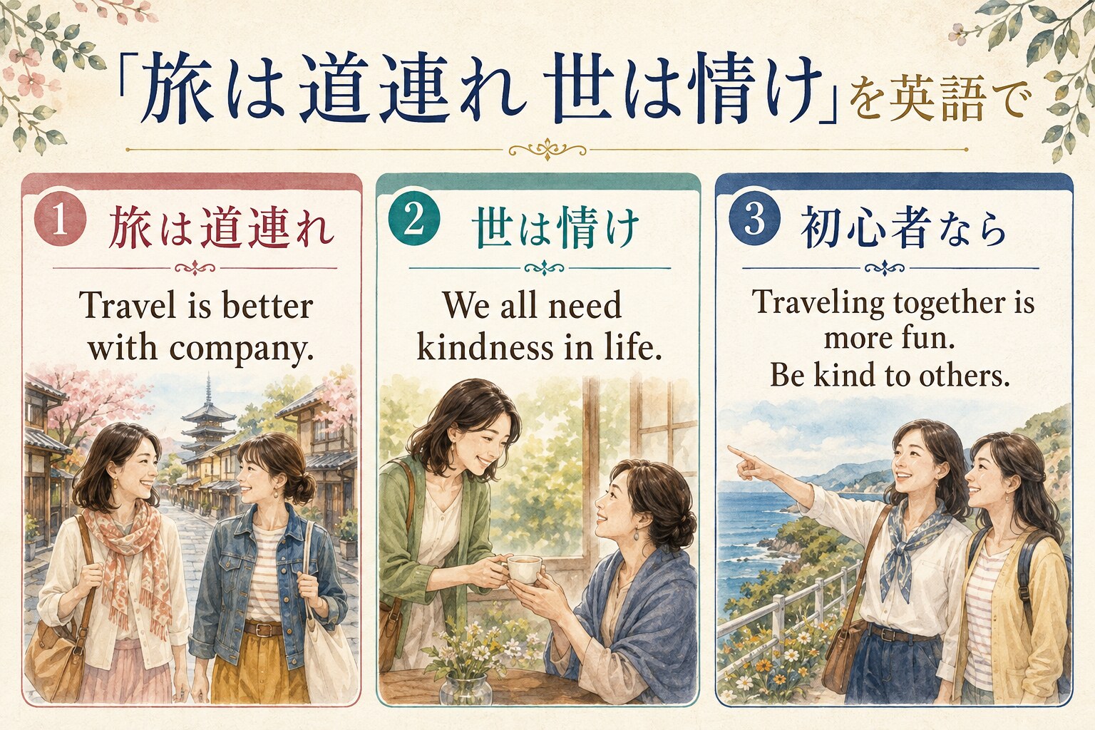 Travel is better with company、We all need kindness in lifeと初心者向け表現の比較図