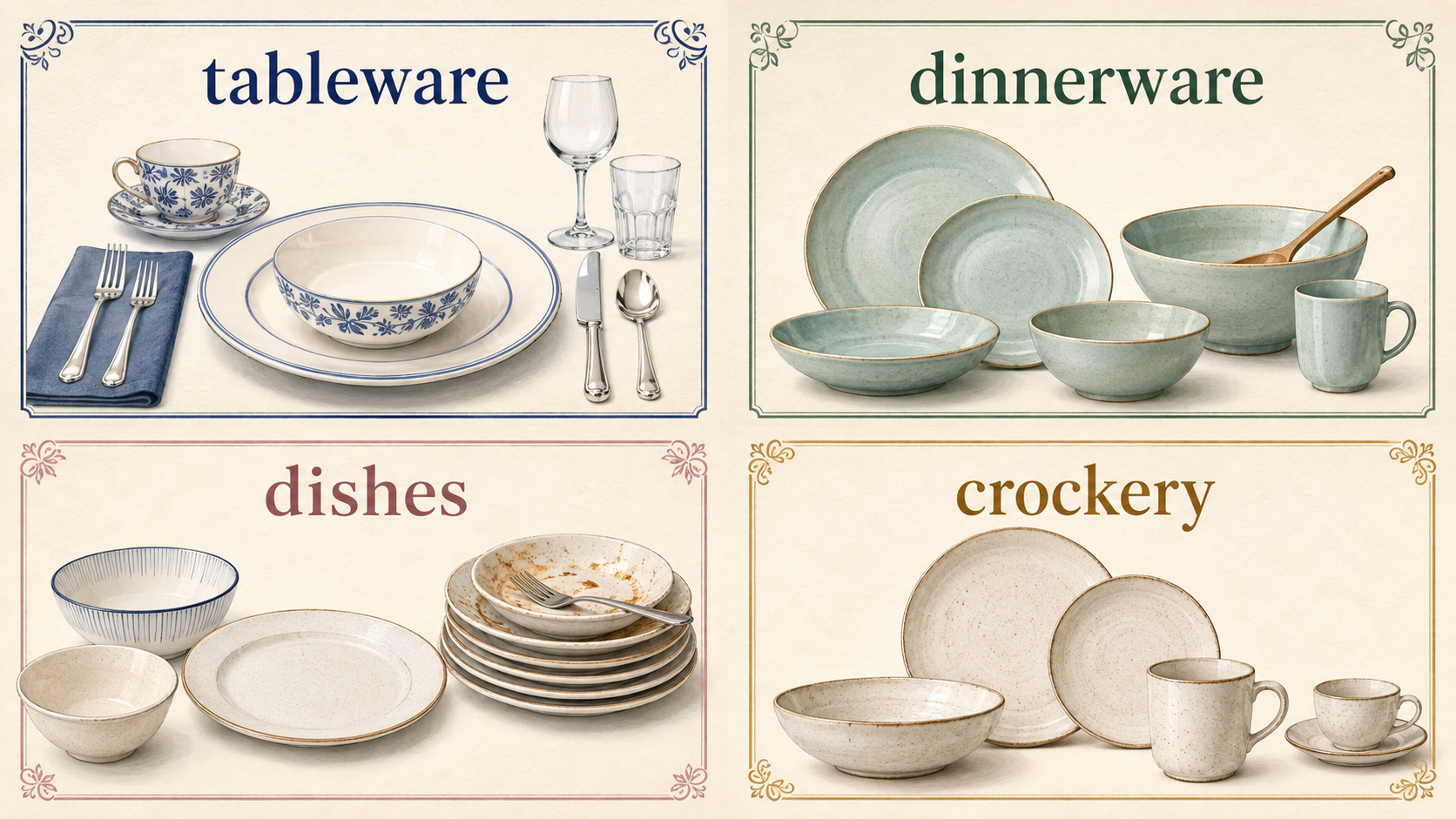 tableware、dinnerware、dishes、crockeryの違いを示す比較図