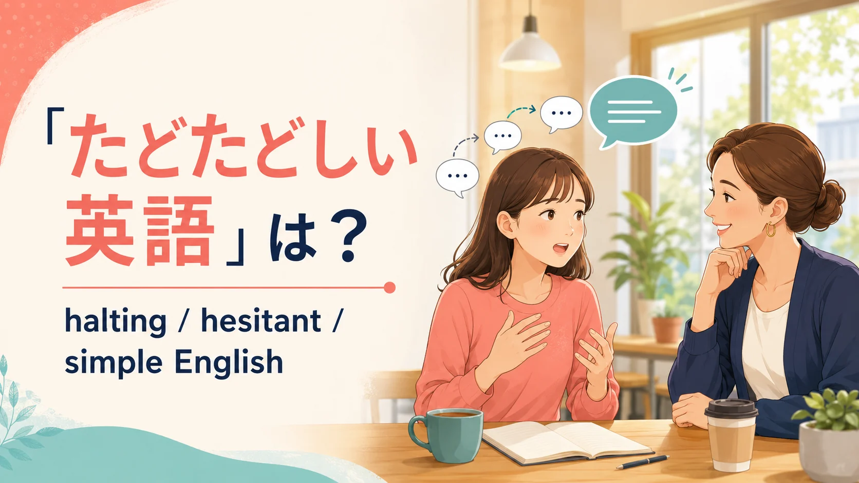 「たどたどしい英語」は英語で? halting、hesitant、simple Englishを紹介するイラスト