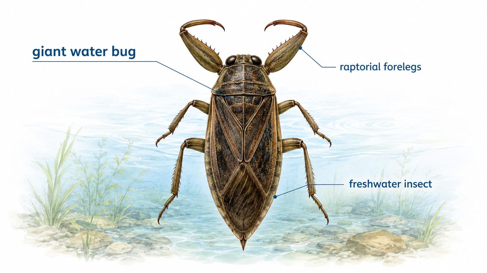 giant water bugの名前と前脚を示すタガメの英語解説イラスト