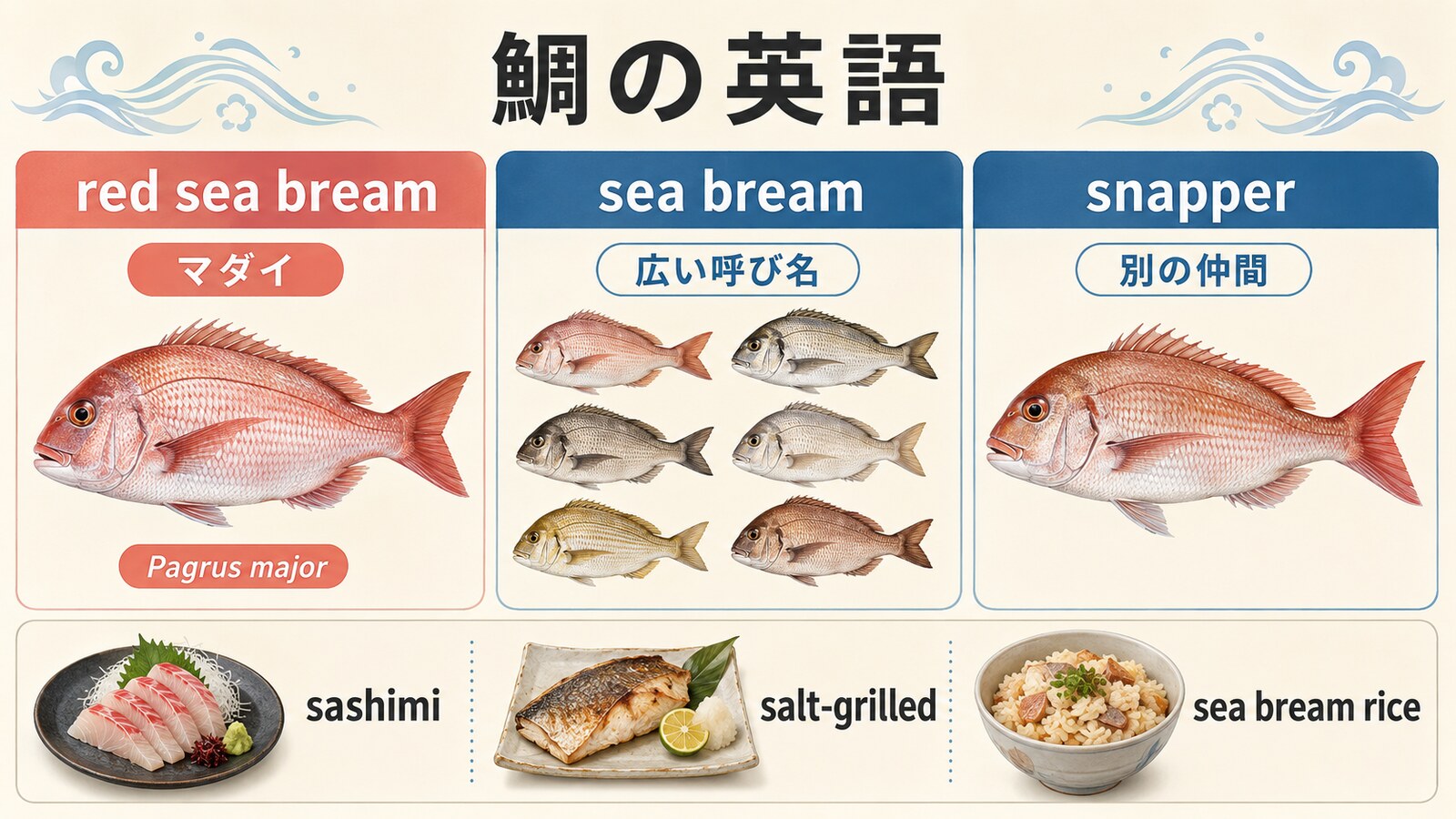 red sea bream・sea bream・snapperの違いと鯛料理を示す英語図解