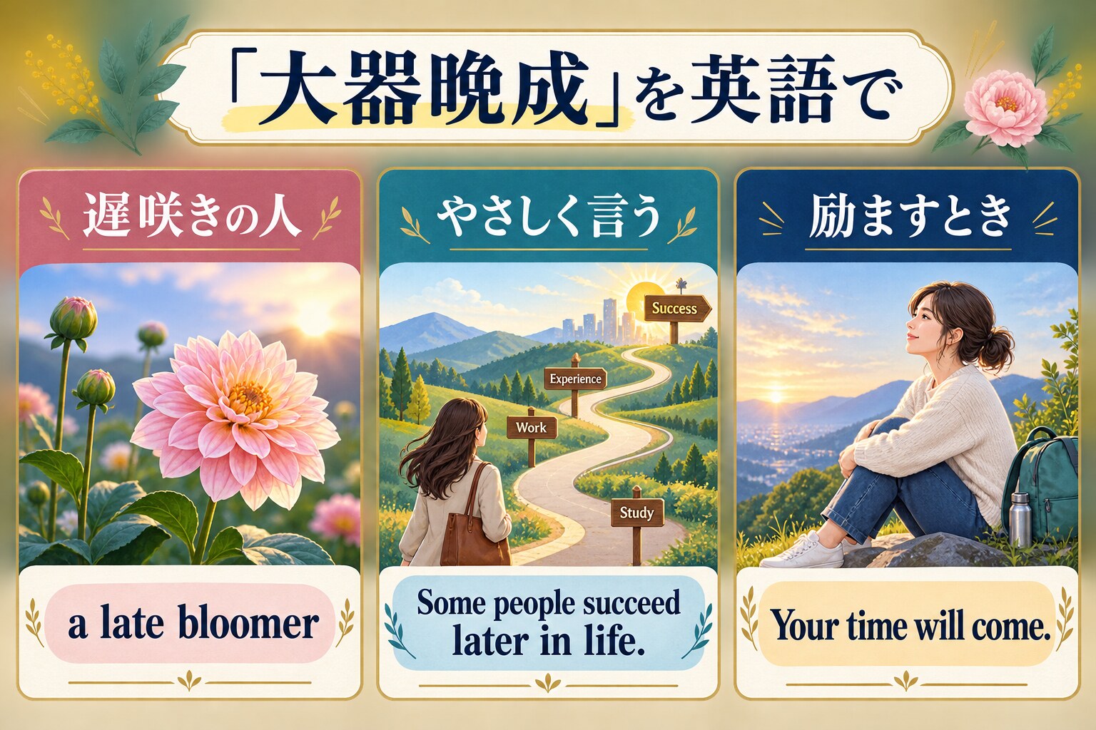 大器晩成を遅咲きの人・簡単な表現・励ましで表す英語3選