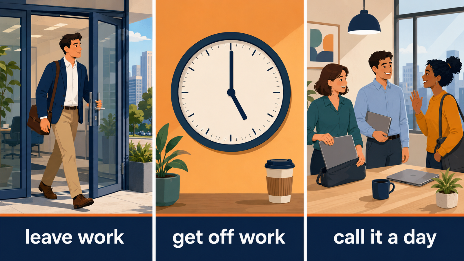 leave work・get off work・call it a dayの違いを示すイラスト