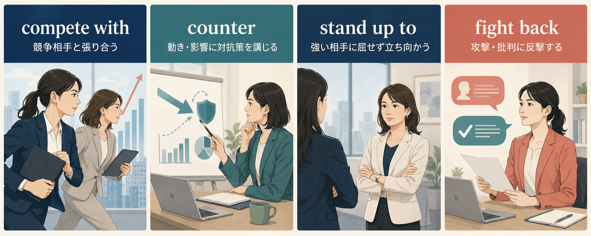 compete with・counter・stand up to・fight backの違い