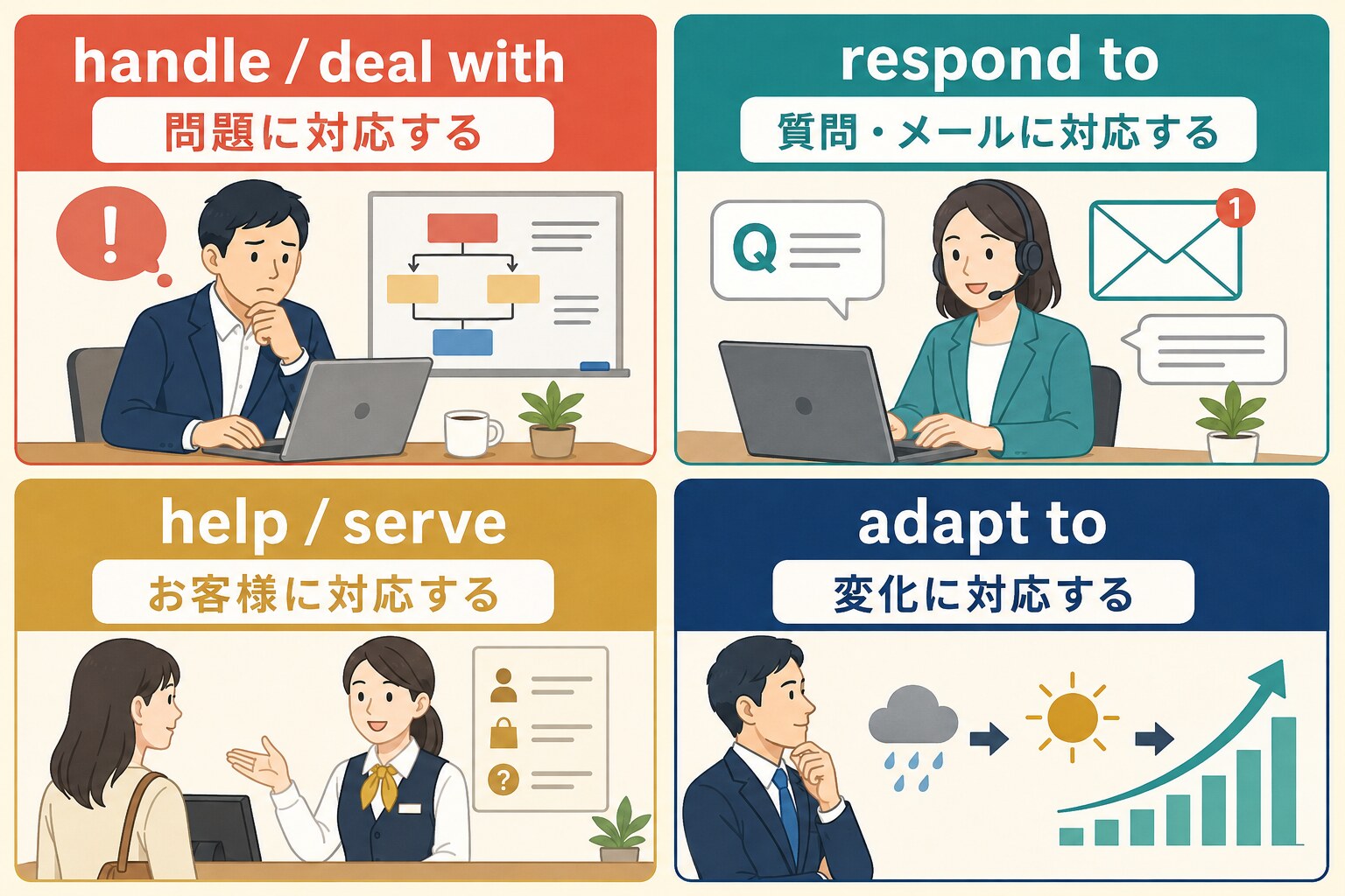 handle・deal with・respond to・help・serve・adapt toの違い