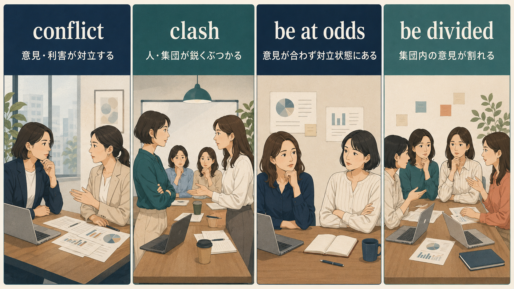conflict・clash・be at odds・be dividedの違い