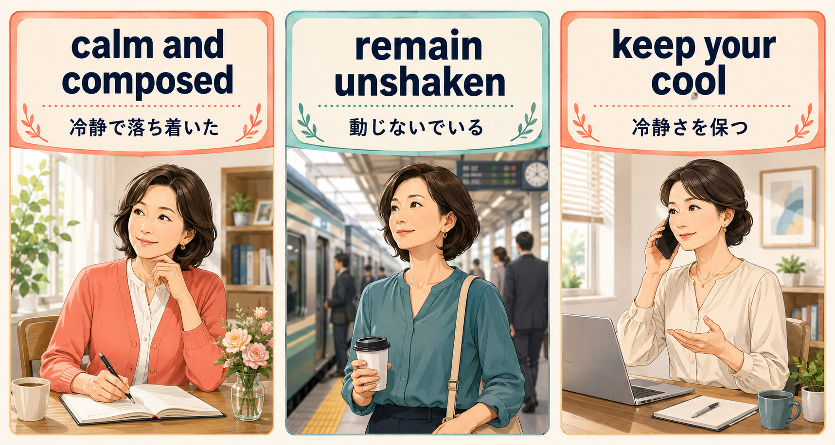 泰然自若をcalm and composedなど英語と日本語で説明する横長イラスト