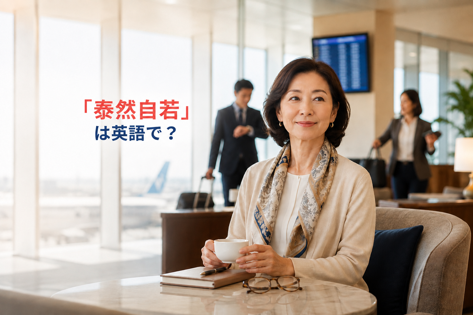 「泰然自若」は英語で?と空港ラウンジで落ち着いて待つ女性の横長アイキャッチ