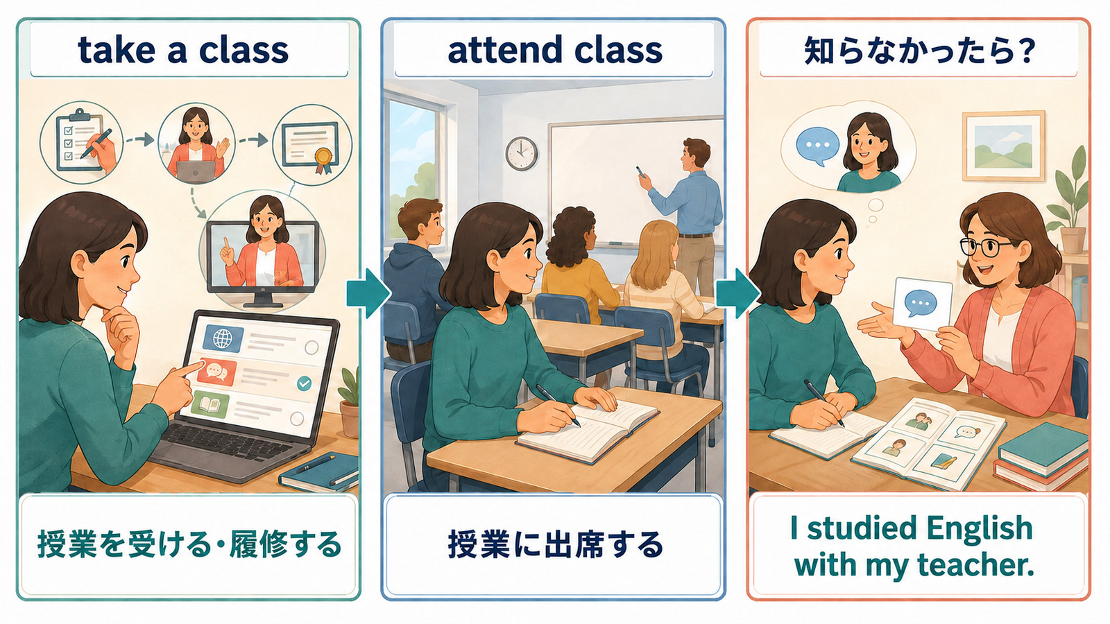 take a classとattend classの違いとI studied English with my teacherという言い換え