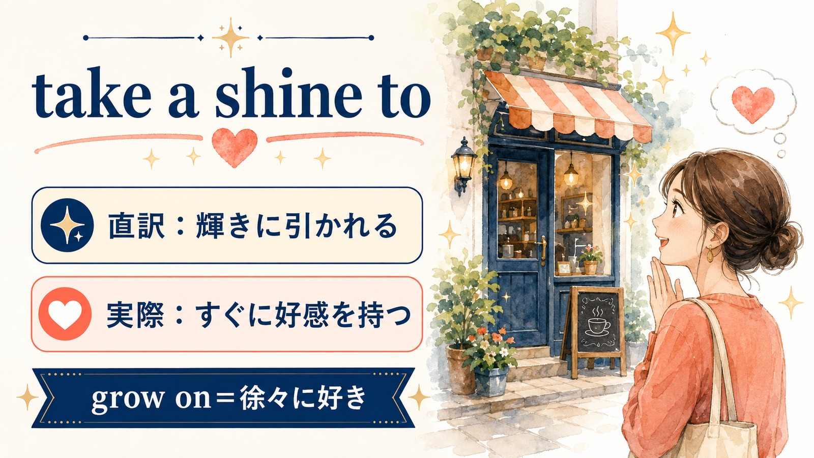 take a shine toの直訳と実際の意味を比較する本文イラスト
