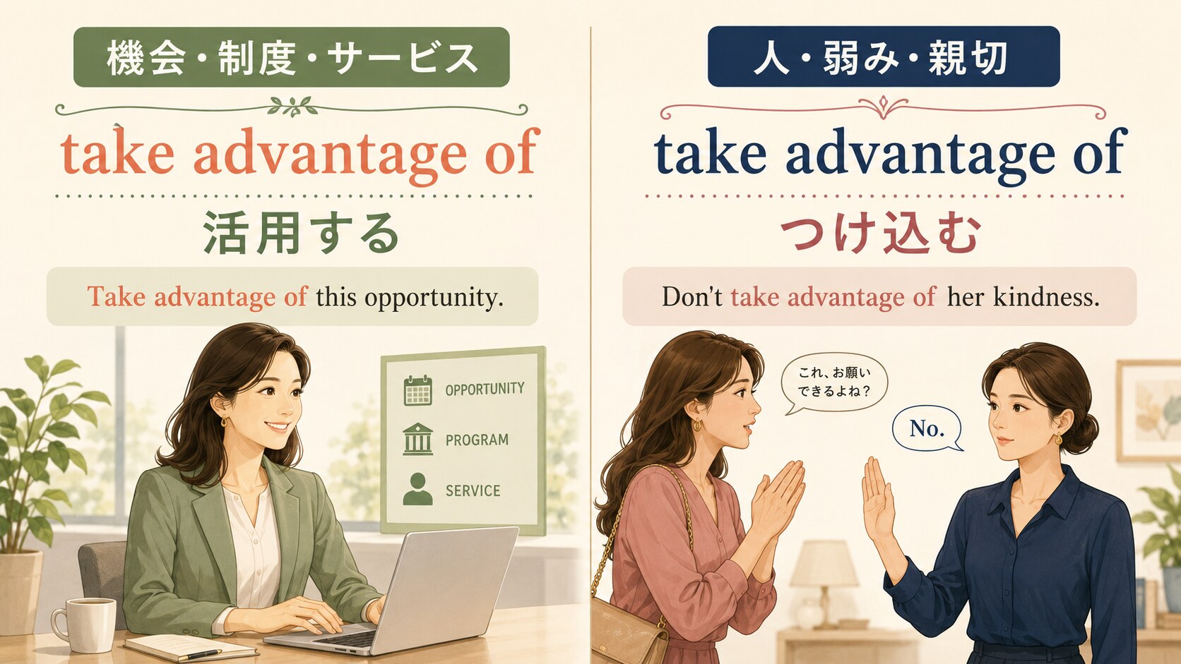 take advantage ofは目的語により活用する・つけ込むに変わる
