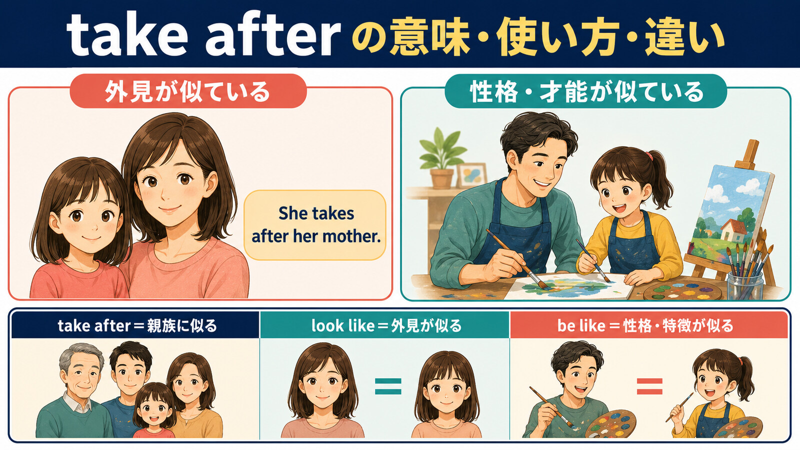 take afterの外見・性格の使い方とlook like・be likeとの違い
