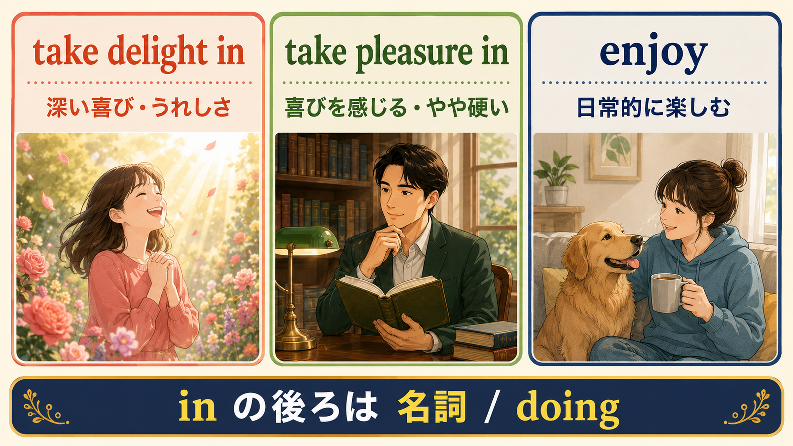 take delight inとtake pleasure inとenjoyのニュアンス比較