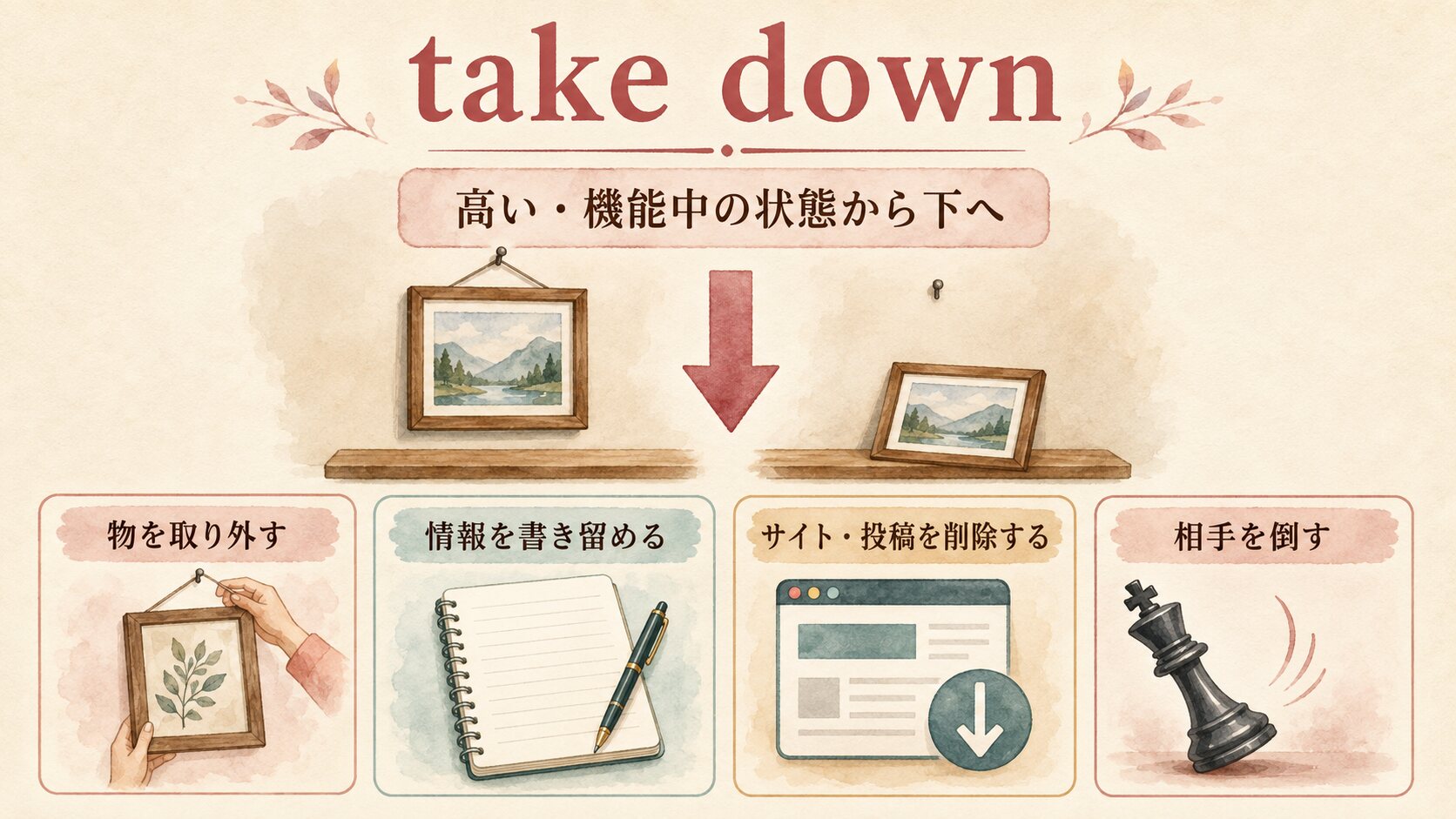 take downの取り外す・書き留める・削除する・倒すの図解