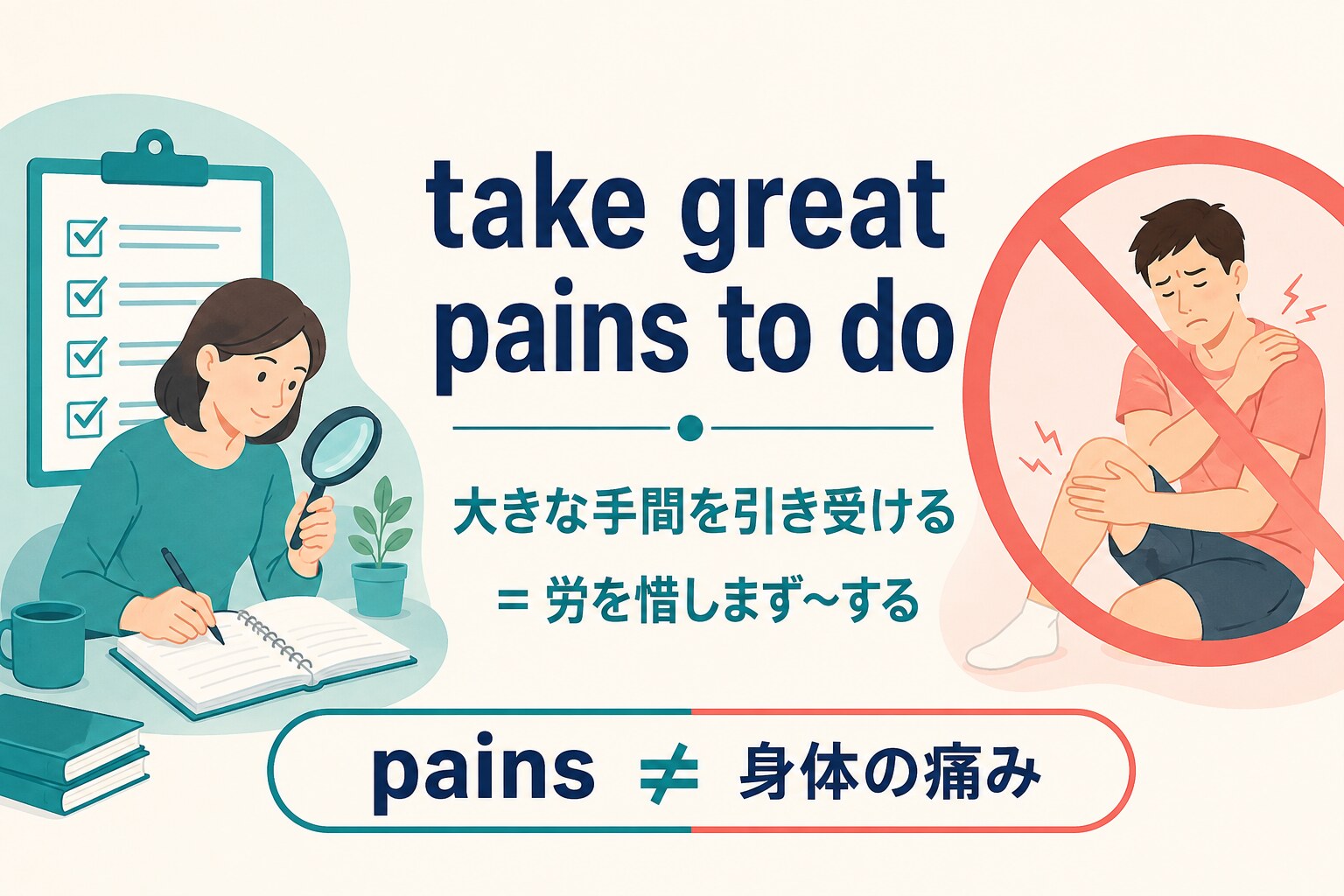 take great painsのpainsは身体の痛みではなく大きな手間を表す図