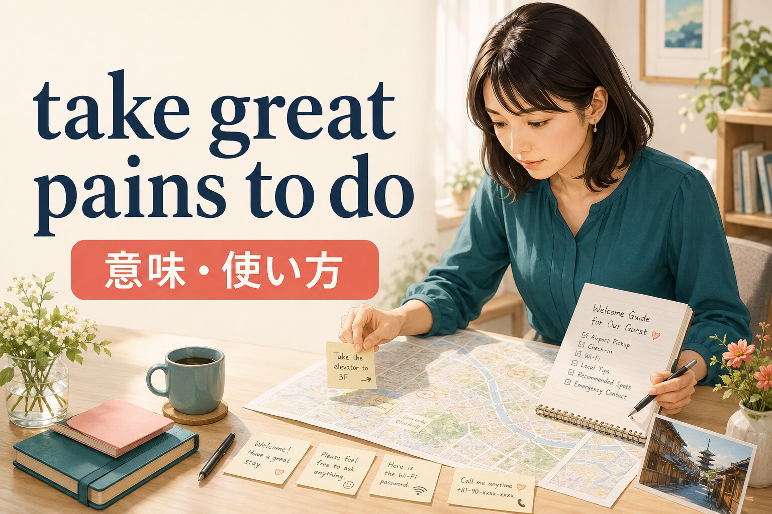 take great pains to doの意味と使い方を表すアイキャッチ画像