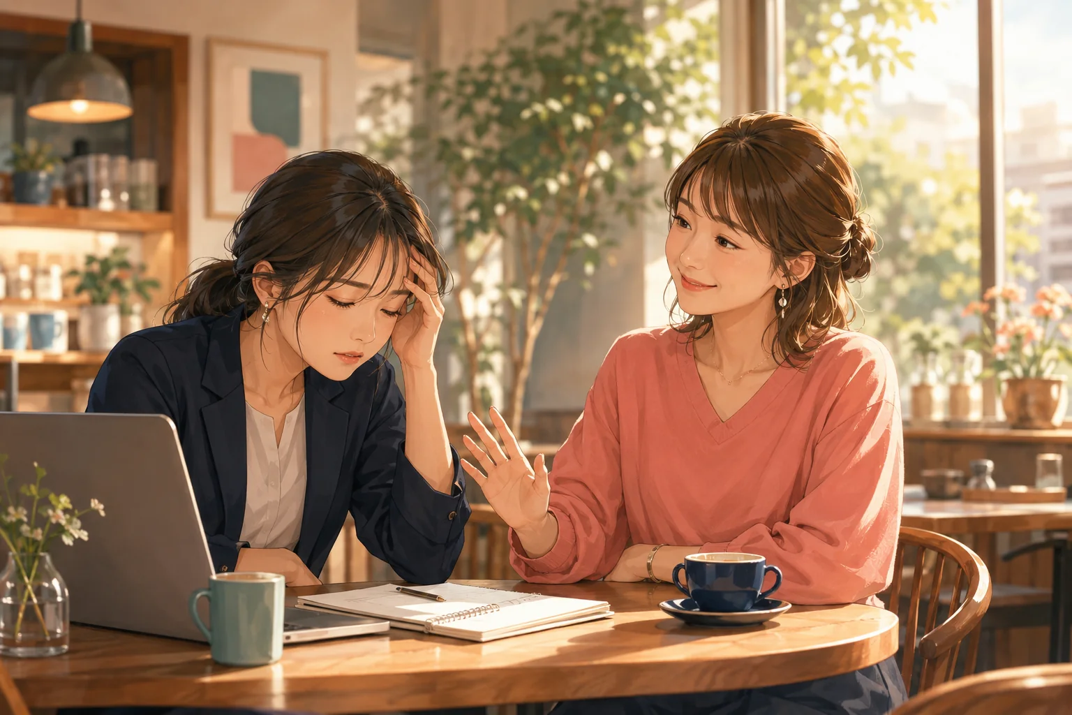 疲れた女性に友人がTake it easyと優しく声をかけるカフェのイラスト