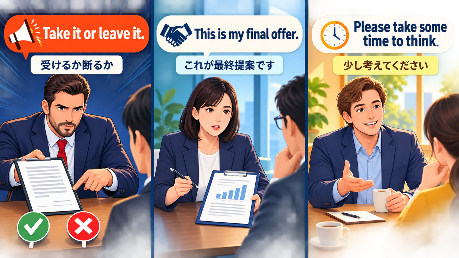 Take it or leave it、This is my final offer、Please take some time to thinkの強さを比較する図解