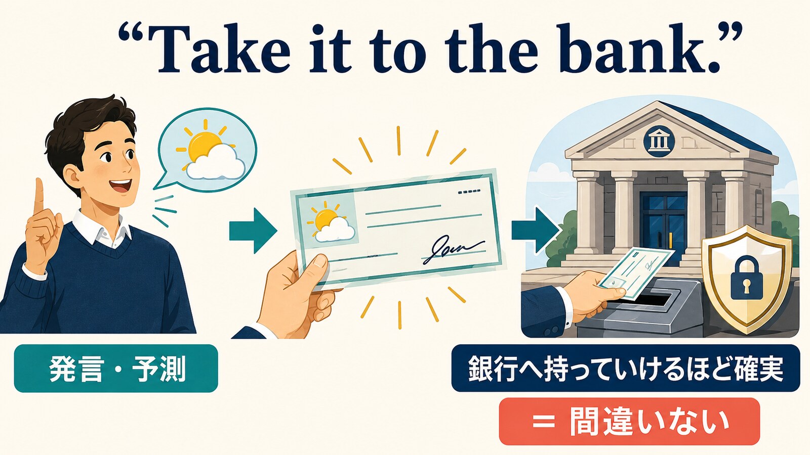 take it to the bankが発言や予測の確実さを表すコアイメージ