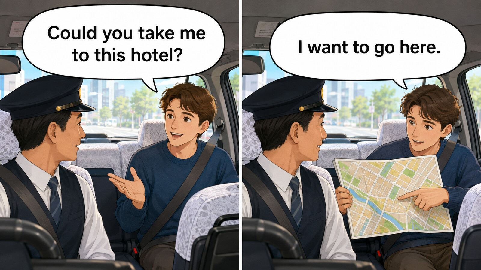 Could you take me to this hotel?とI want to go here.を比較した解説イラスト