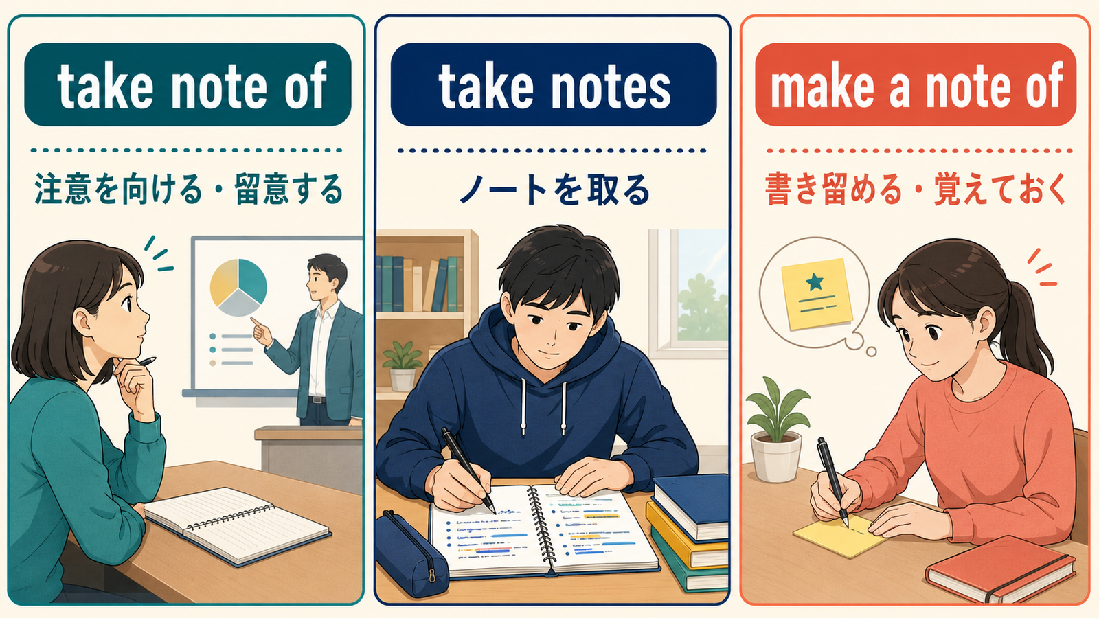 take note ofとtake notesとmake a note ofの意味と使い方の比較