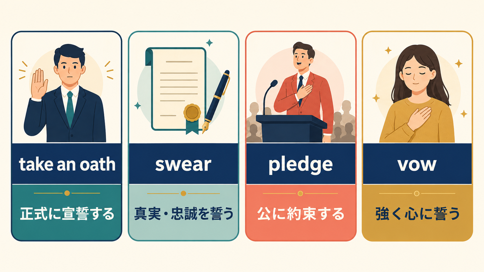 take an oath、swear、pledge、vowの違い