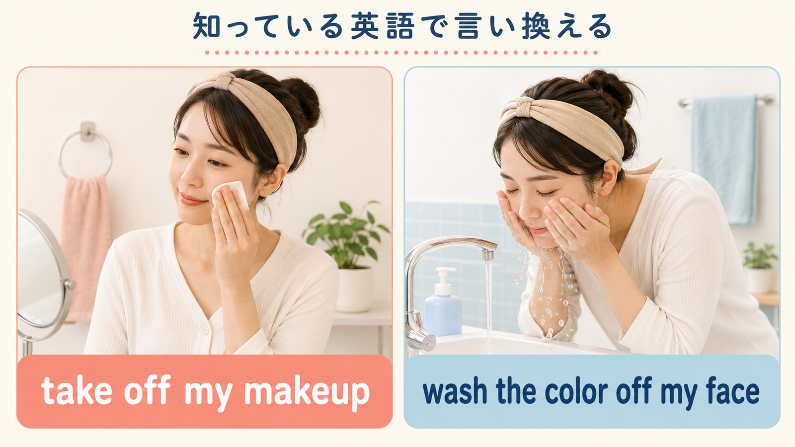 take off my makeupとwash the color off my faceの言い換え図解