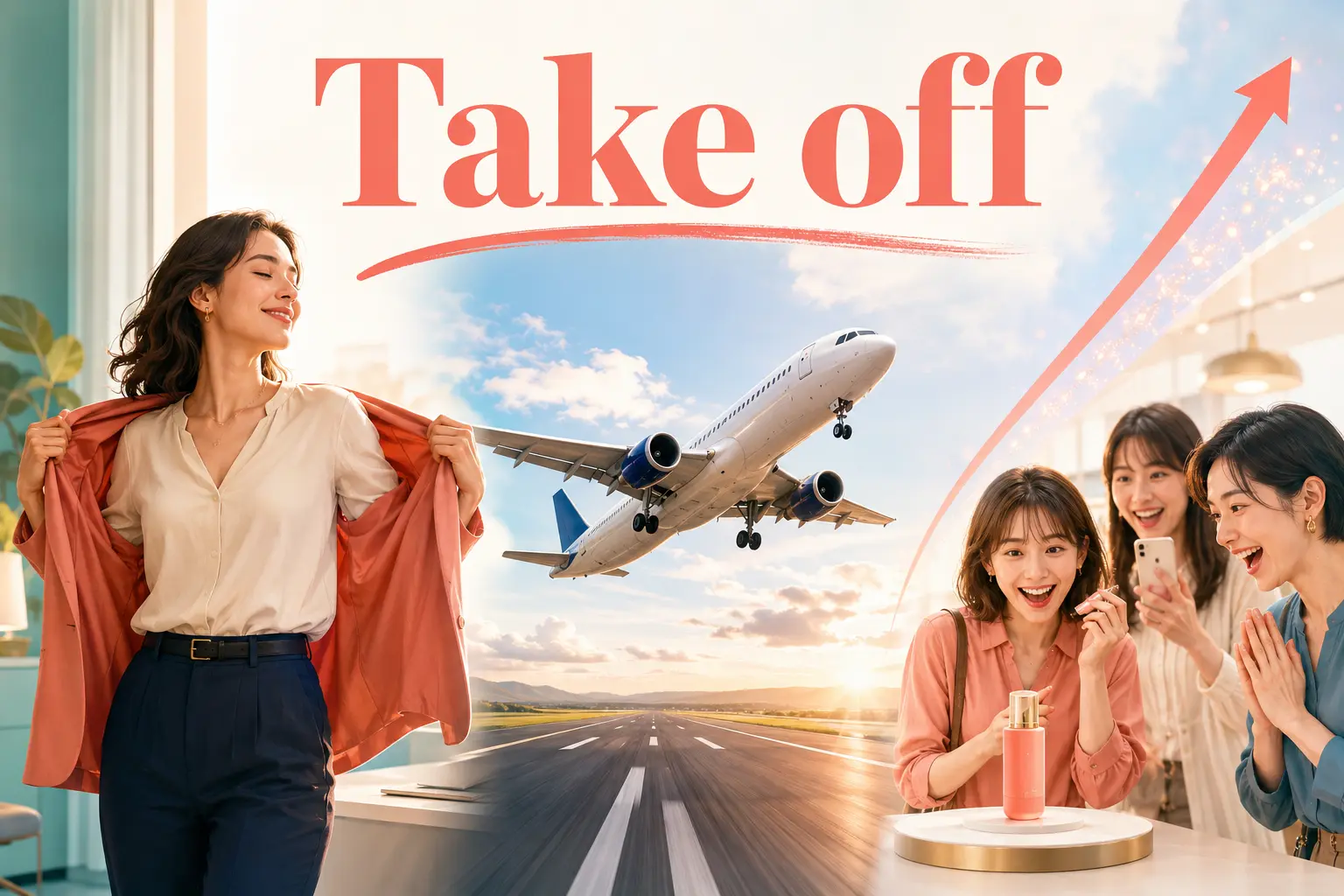 Take offの「脱ぐ・離陸する・急に売れる」を表すイラスト