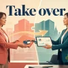 Take overの「仕事・会社・役割を引き継ぐ」を表すイラスト