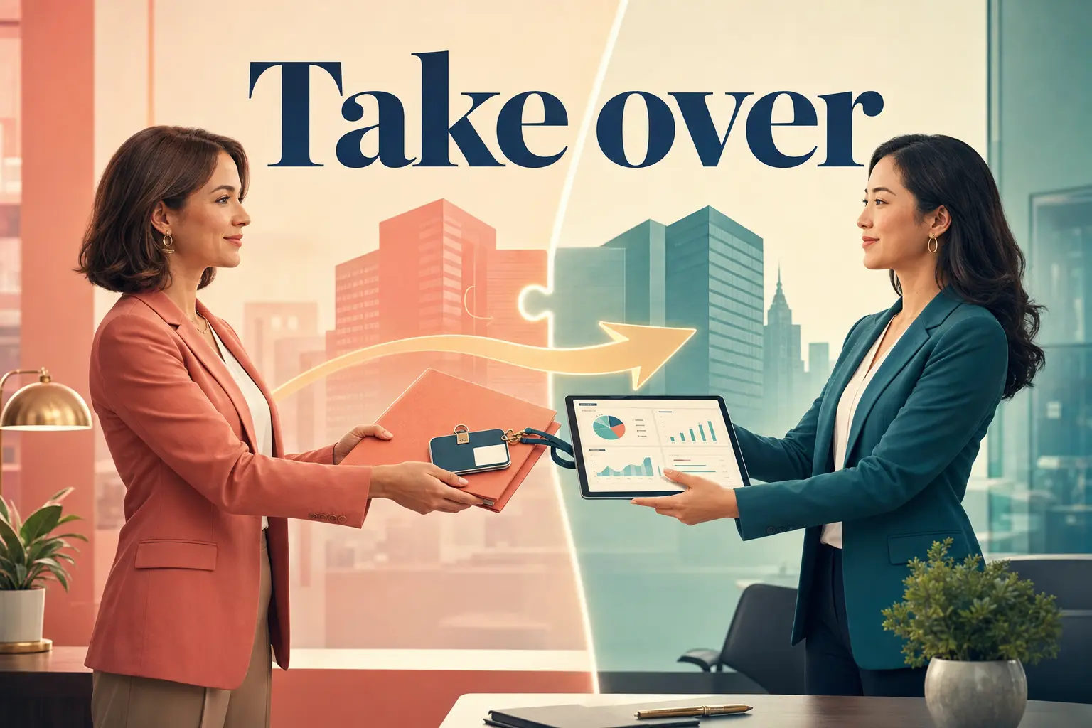 Take overの「仕事・会社・役割を引き継ぐ」を表すイラスト