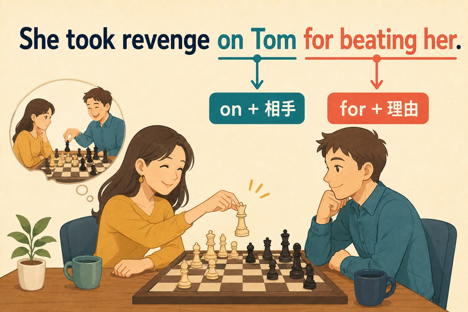 take revenge on A for Bのonは相手、forは理由を表す比較図