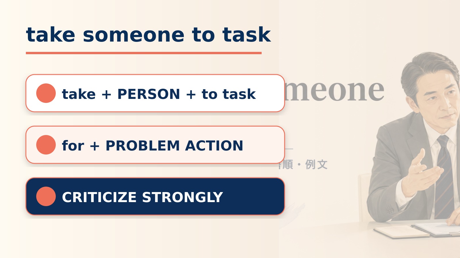take someone to taskの直訳と実際の意味を比較する本文イラスト