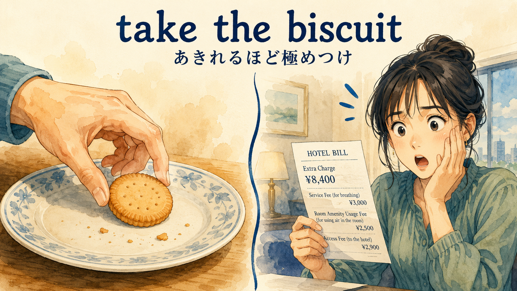 take the biscuitの直訳と実際の意味を比較する解説イラスト