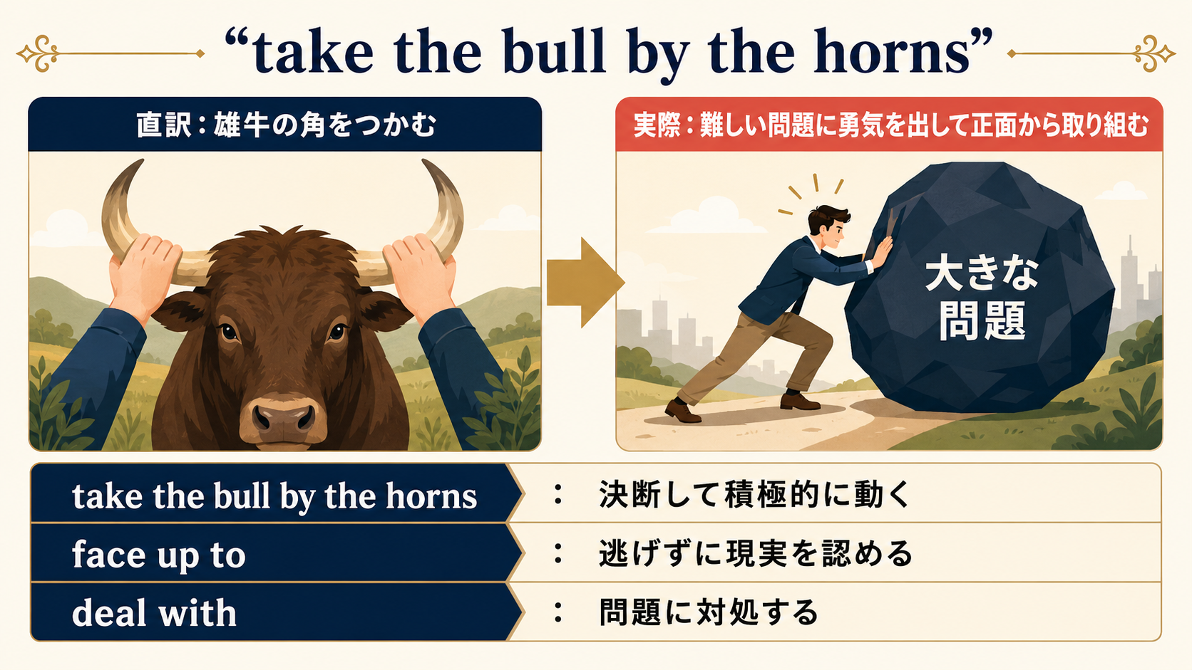 take the bull by the hornsの直訳・実際の意味・類似表現の違い